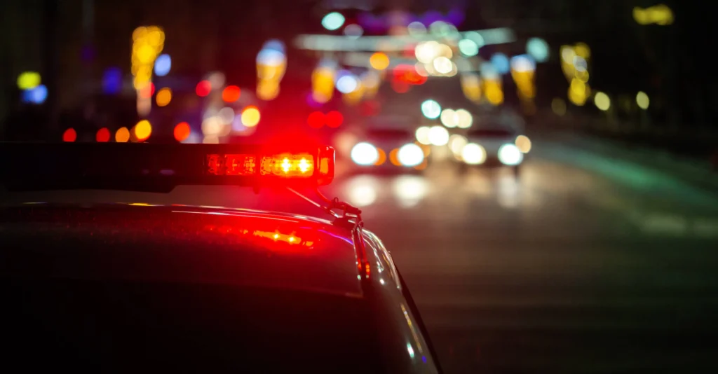 Police lights on a road.